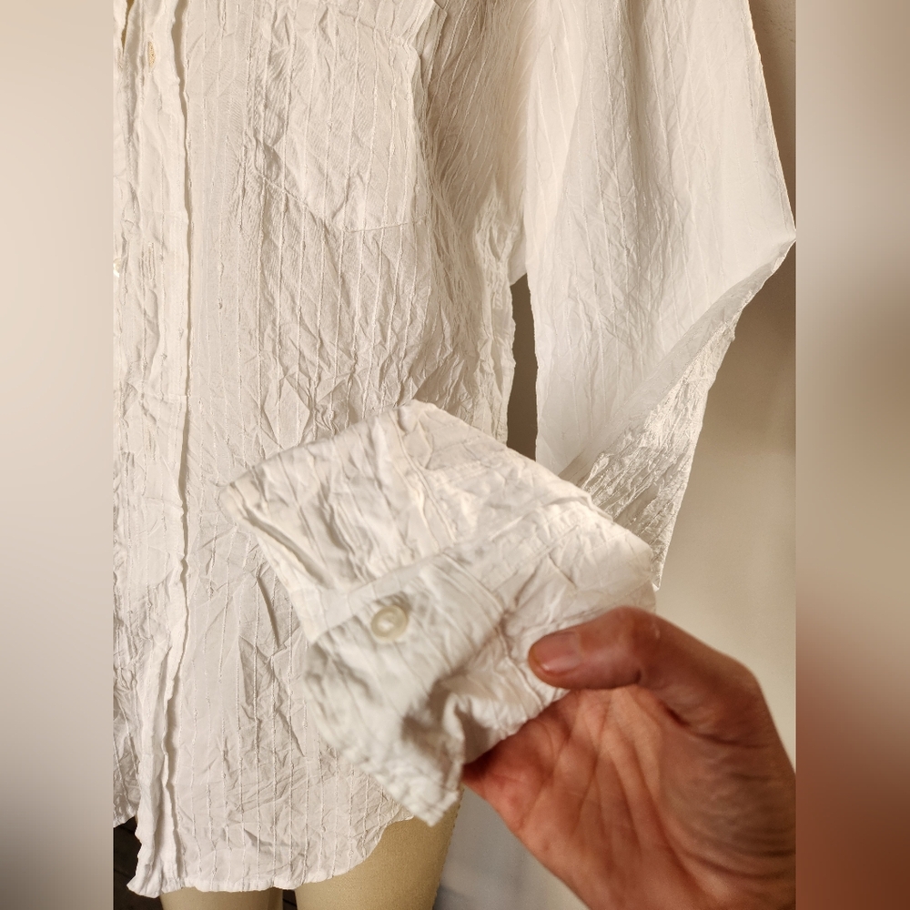 Frank & Eileen Barry Shirt Vertical Stripes Solid White Crinkled Wrinkled S - Picture 12 of 15